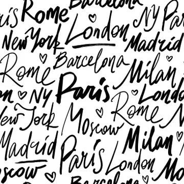Vector seamless pattern with names of world cities Stock Illustration