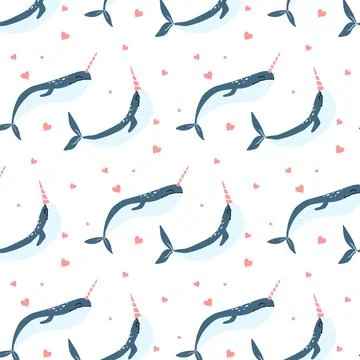 Vector seamless pattern with narwhals and hearts. Stock Illustration