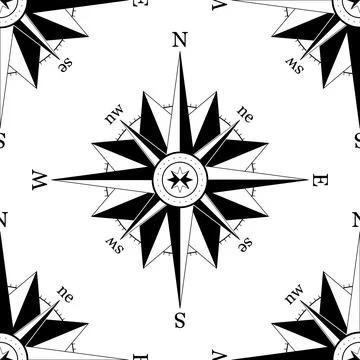 Vector seamless pattern of nautical compass silhouette. Navigation map sign.  Illustrazione stock
