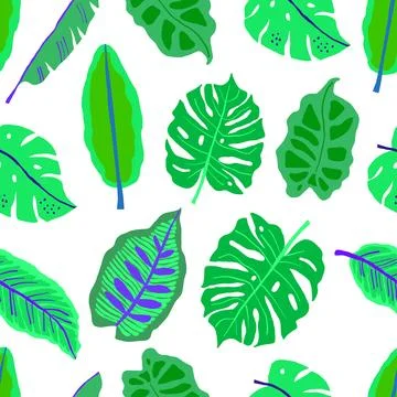 Vector seamless pattern with neon green tropical leaves on white Stock Illustration