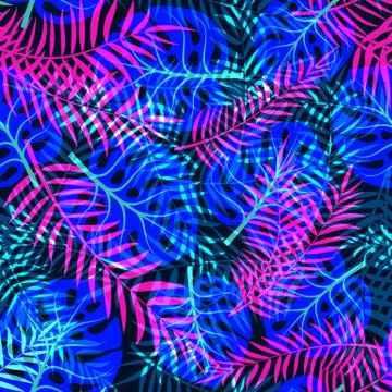 Vector seamless pattern with neon tropical leaves Stock Illustration