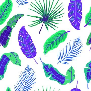 Vector seamless pattern with neon tropical leaves on white Stock Illustration