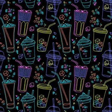 Vector seamless pattern with neon like various linears cocktail glasses wit.. Stock Illustration