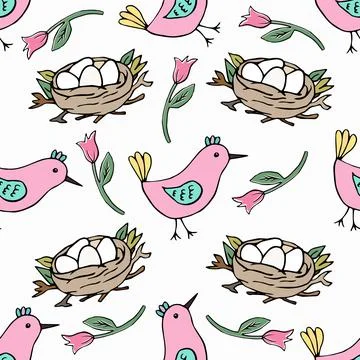 Vector seamless pattern with nest, birds. Hand drawn spring easter background Stock Illustration