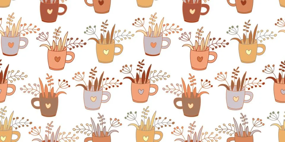 Vector seamless pattern with nice leaves and herbs in cute mugs. Stock Illustration
