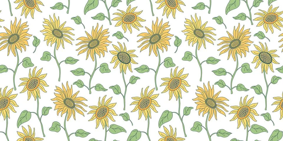 Vector seamless pattern with  nice sunflowers on long stems. Stock Illustration