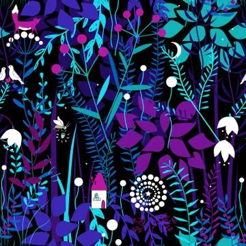 Vector seamless pattern with night forest plants, and fairy house. Stock Illustration
