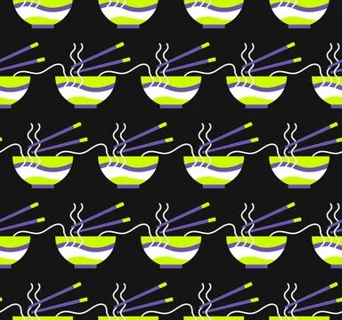 Vector seamless pattern with noodles and chopsticks on black background. Stock Illustration