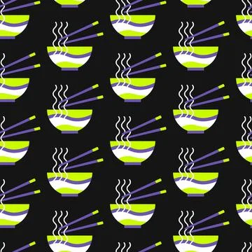 Vector seamless pattern with noodles and chopsticks on black background. Stock Illustration