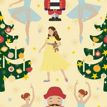 Vector seamless pattern with Nutcracker and ballerinas character in cartoon.. Illustrazione stock