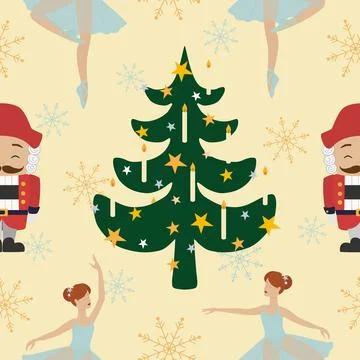 Vector seamless pattern with Nutcracker and ballerinas character in cartoon.. Illustrazione stock