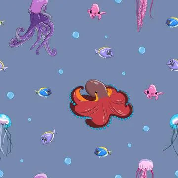 Vector seamless pattern of octopuses, jellyfish and tropical fish with bubble Stock Illustration