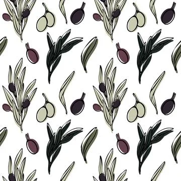 Vector seamless pattern with olive tree branch, leaves and olives fruit. Hand Stock Illustration