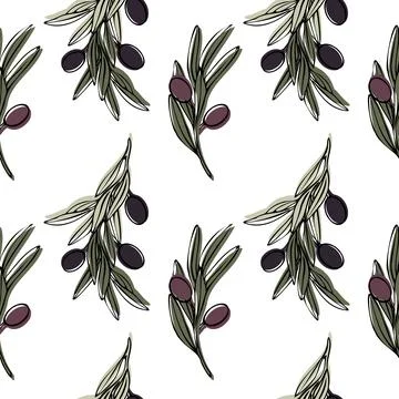 Vector seamless pattern with olive tree branch, leaves and olives fruit. Hand Stock Illustration