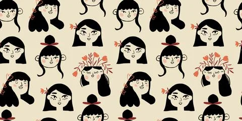 Vector seamless pattern of one line drawing abstract flowers and beautiful young Stock Illustration