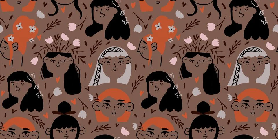 Vector seamless pattern of one line drawing abstract flowers and beautiful young Stock Illustration