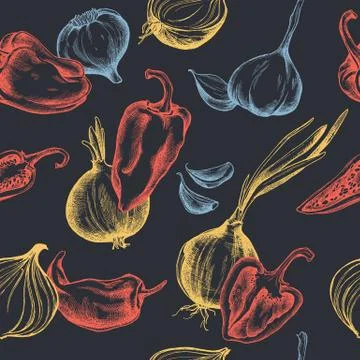 Vector seamless pattern of onions , garlic and peppers. Hand drawn vector Stock Illustration