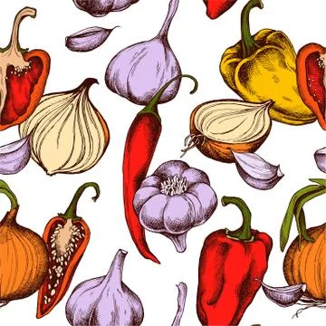 Vector seamless pattern of onions , garlic and peppers. Hand drawn vector 스톡 일러스트