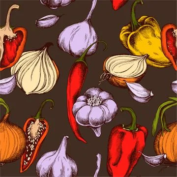Vector seamless pattern of onions , garlic and peppers. Hand drawn vector Stock Illustration