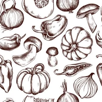Vector seamless pattern of onions, mushrooms, pumpkins, peppers. Hand drawn Stock Illustration