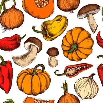 Vector seamless pattern of onions, mushrooms, pumpkins, peppers. Hand drawn 스톡 일러스트