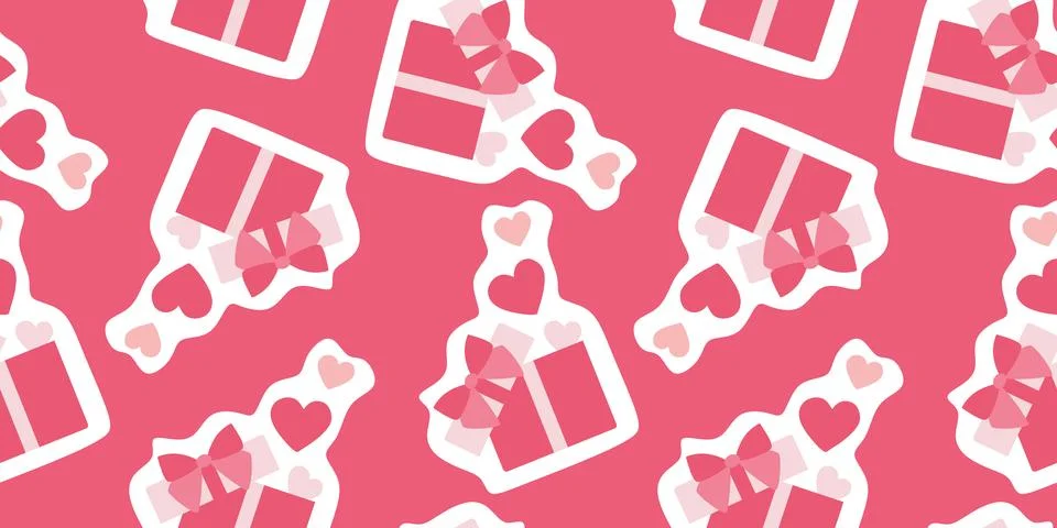 Vector seamless pattern with open white heart shaped gift box with red ribb.. Stock Illustration