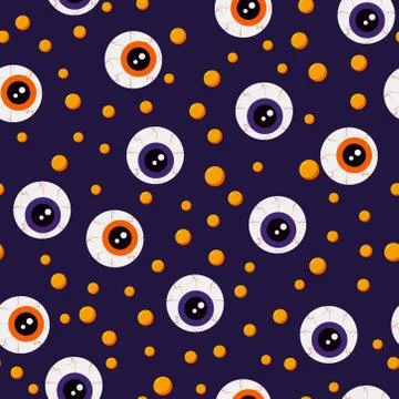 Vector seamless pattern with orange and purple eyes and orange bubbles. Stock Illustration