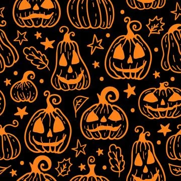 Vector seamless pattern with orange Halloween pumpkin on black Stock Illustration
