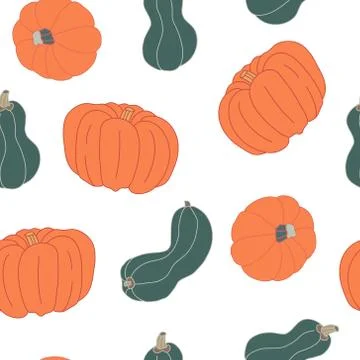 Vector seamless pattern with orange pumpkins and green squashes. Stock Illustration