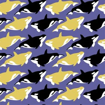 Vector seamless pattern with orca.Underwater cartoon creatures.Marine background Stock Illustration