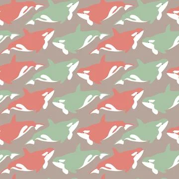 Vector seamless pattern with orca.Underwater cartoon creatures.Marine background Stock Illustration