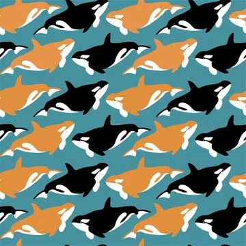 Vector seamless pattern with orca.Underwater cartoon creatures.Marine background Stock Illustration