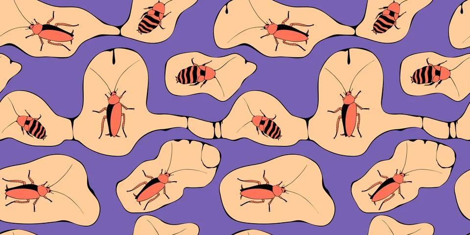 Vector seamless pattern from oriental and madagascar cockroaches, beetles, in イラスト素材