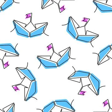 Vector seamless pattern with origami boat and crane, continuous one line art Illustrazione stock