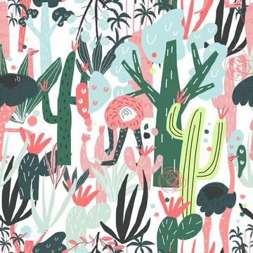 Vector seamless pattern with ostrich, cactus, plants. Template for print design Illustrazione stock