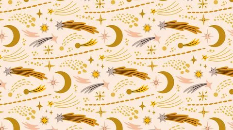 Vector seamless pattern with outer space, crescent moons, stars, comets. 스톡 일러스트
