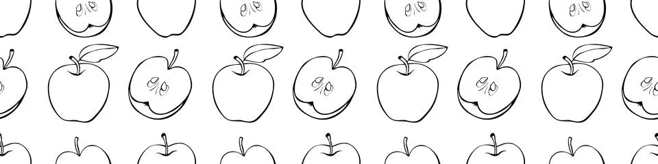 Vector seamless pattern with outline apples in doodle. Fruit background and t Illustrazione stock