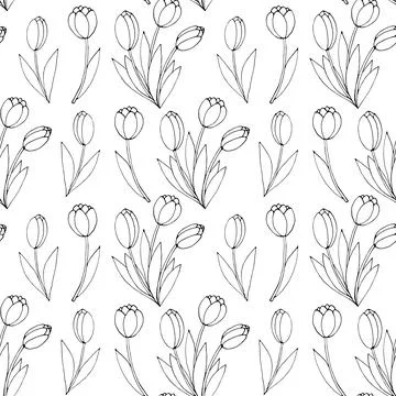 Vector seamless pattern with outline Bouquet of three flowers of tulips. Hand Stock-Illustration