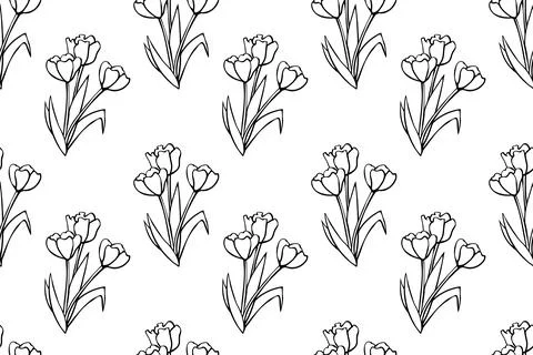 Vector seamless pattern with outline Bouquet of three flowers of tulips. Hand Stock Illustration
