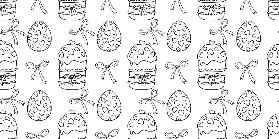 Vector seamless pattern with outline bows, Easter cakes and eggs. Spring hand Stock Illustration