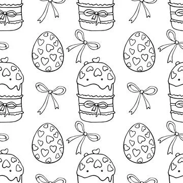 Vector seamless pattern with outline bows, Easter cakes and eggs. Spring holi Stock Illustration
