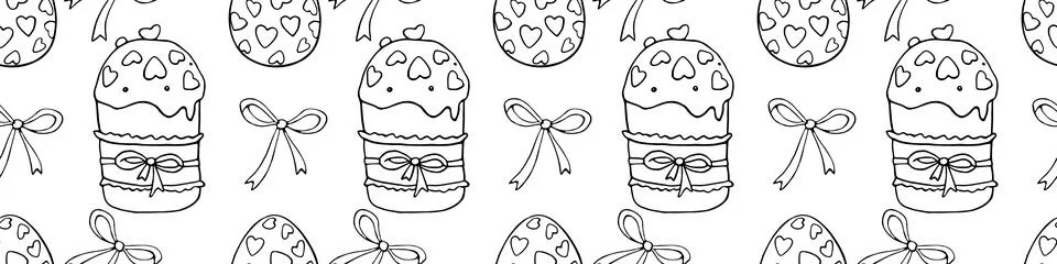 Vector seamless pattern with outline bows, Easter cakes and eggs. Spring ho.. Stock Illustration