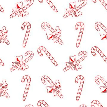 Vector Seamless pattern with outline candy canes, sweets, lollipops. Hand dra 스톡 일러스트