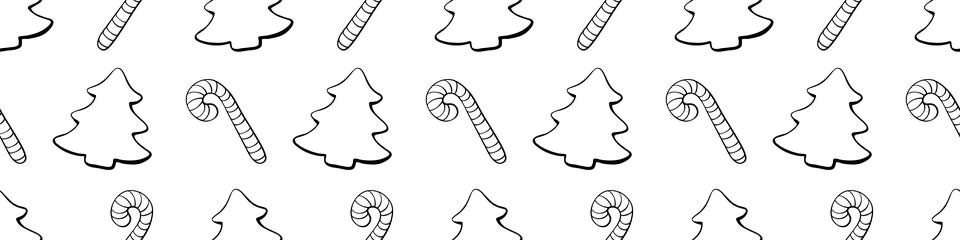 Vector seamless pattern with outline candy cane, decorations, xmas tree, in d Stock Illustration
