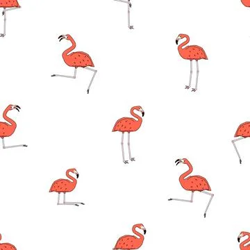 Vector seamless pattern of outline cartoon pink peach flamingos isolated on w Illustrazione stock