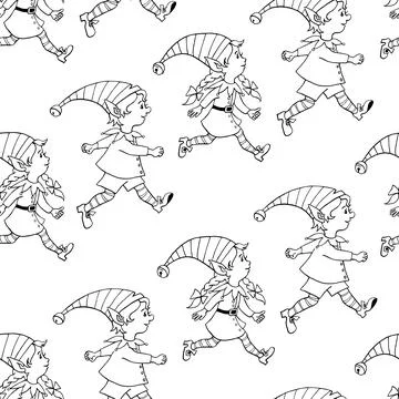 Vector seamless pattern with outline Christmas elves. New year Xmas hand dr.. Illustrazione stock
