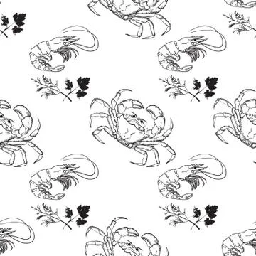 Vector seamless pattern of outline crab and shrimp. Illustrazione stock
