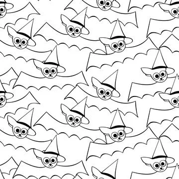 Vector seamless pattern with outline cute flying bats in witch hats. Hallowee Illustrazione stock