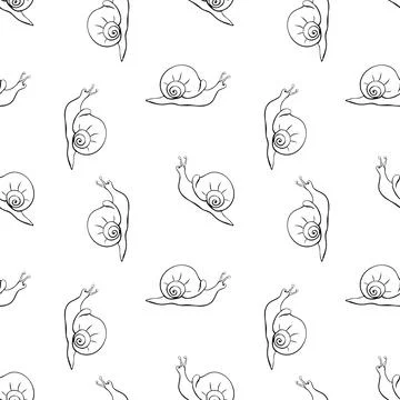 Vector seamless pattern with outline cute snails in style of sketch, doodle w Stock Illustration