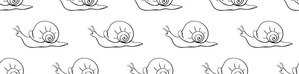 Vector seamless pattern with outline cute snails in style of sketch, doodle w Stock Illustration